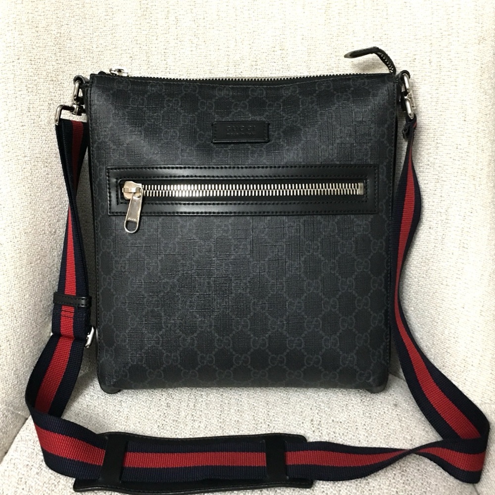 Authentic Gucci unisex crossbody bag black monogram coated canvas